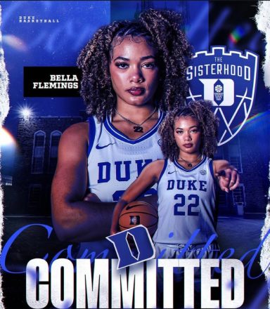 Bella Flemings @Be22a_Flemings Duke basketball player Bella Flenning, dressed in jersey, holding a basketball with "Committed" text.